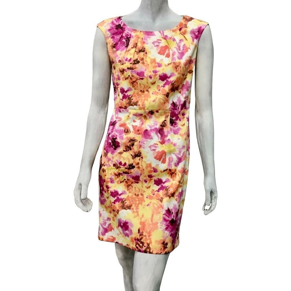 I.N. San Francisco Womens Sheath Dress Yellow Pink Floral Print Cap Sleeves 9